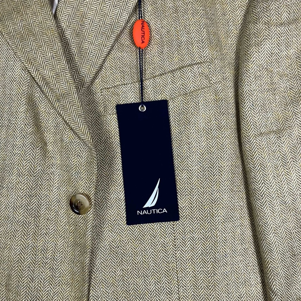 Nautica Mens 46L Silk Blazer Tan Herringbone 3 Button Sport Coat N420 NWT - Picture 3 of 14